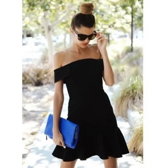 N/Nicholas Off Shoulder Ponte Mini Black Dress 2 - Picture 3 of 16